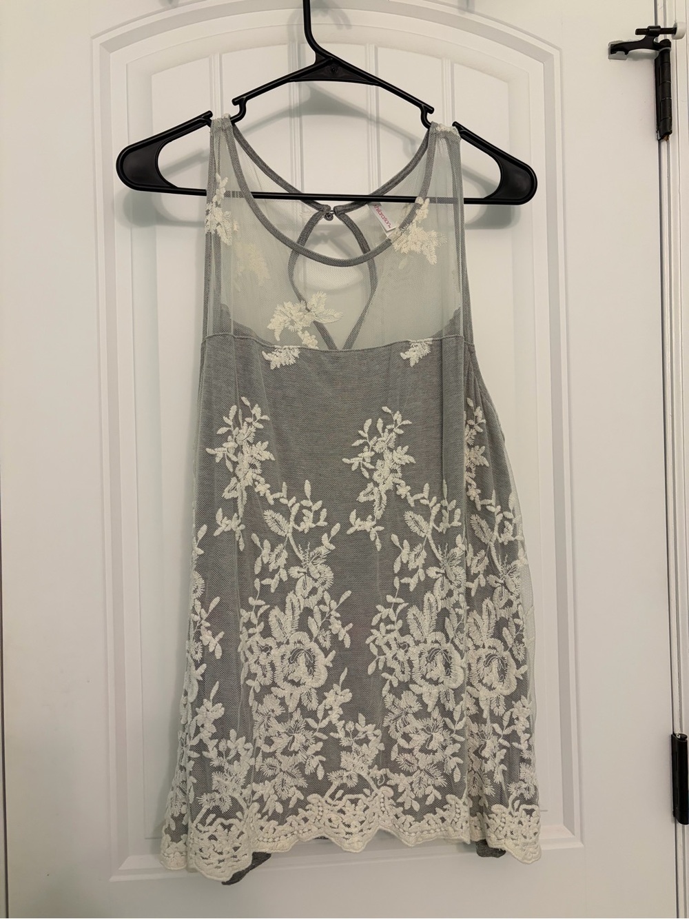 Xhilaration Gray Tank with White Floral Lace Overlay